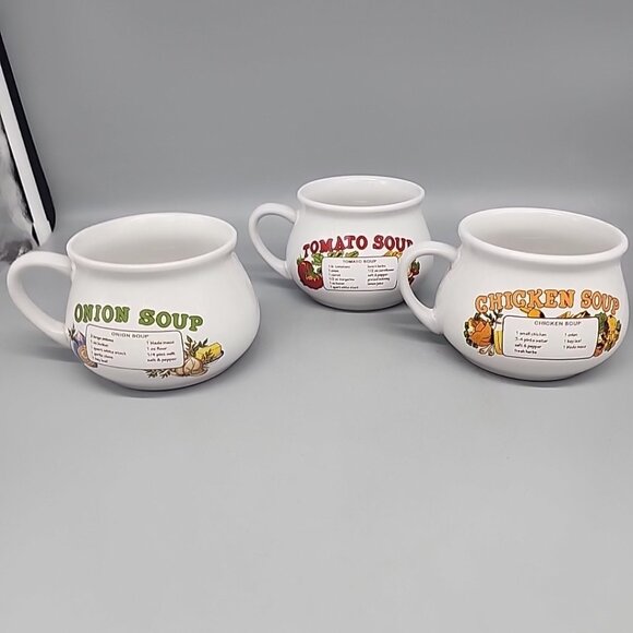 Vintage Dat'l Do-It Soup Bowls Mugs Cups Recipes Set Of 3 Onion Chocken Tomato - Picture 1 of 8